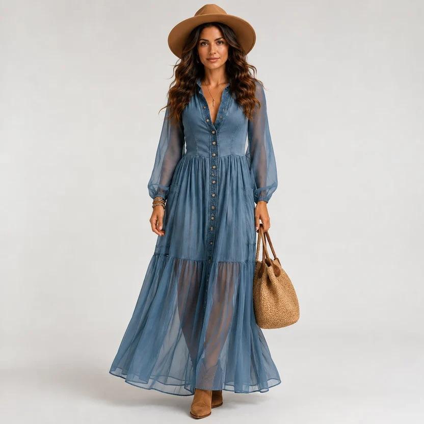 European and American style women s clothing popular retro lapel splicing mesh long-sleeved skirt casual dress women S