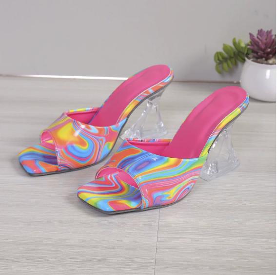 New High Heels Fashion Versatile Women Sandals Pattern Design Advanced Shoes Square Head Trendy Classic Slippers
