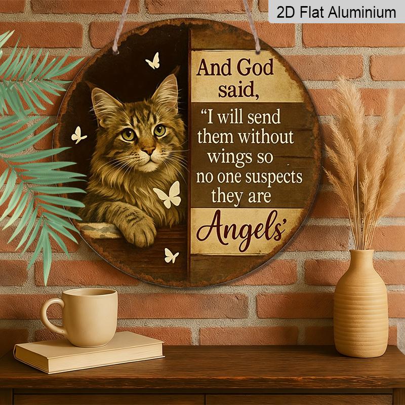 2D Flat, 1pc Aluminum Metal Sign, Inspired by Cats and Butterflies, Decor Features Christian Quote and Wingless Angel Motif.Suitable for