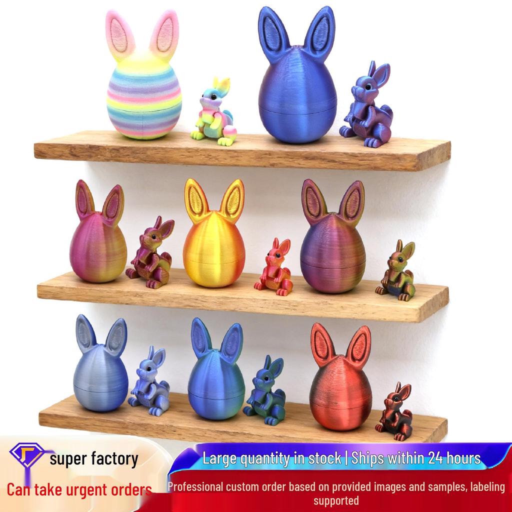 3D Printed Easter Rabbit and Colored Egg Ornaments - Movable Desktop Toys
