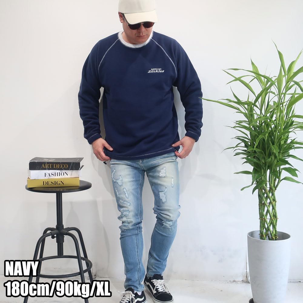 GENUINE Dickies Double-Sided Fleece Crew Neck Pullover with Drawstring, Men's, Sizes M, L, XL, 10001981 (JP, Alphabet, XL, Navy)