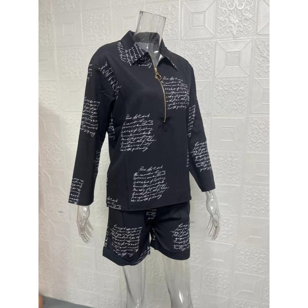 Women's sets summer long-sleeved lapel printed zipper shirt shorts clothes sale