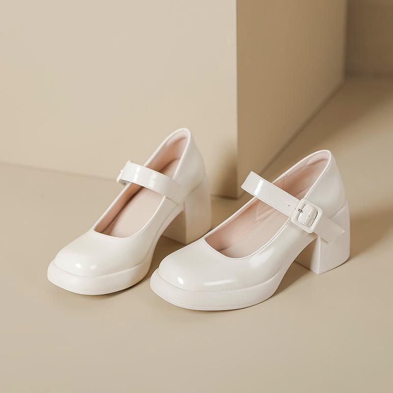 High heel Mary Jane single shoes cream Lolita thick heel round head soft sole one word with square buckle small girl matching