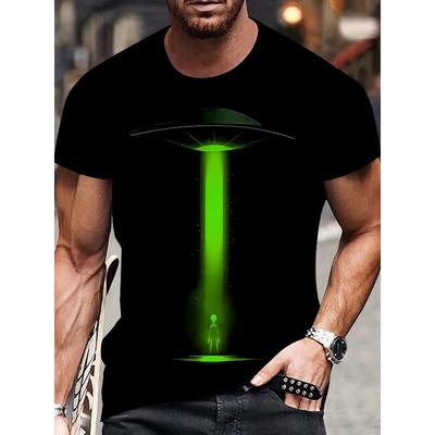 European Sizes Men's Black Print T-Shirt with Neon Green Flying Saucer & Alien Spaceship Design -Crew Neck Short Sleeve,  Machine Washable