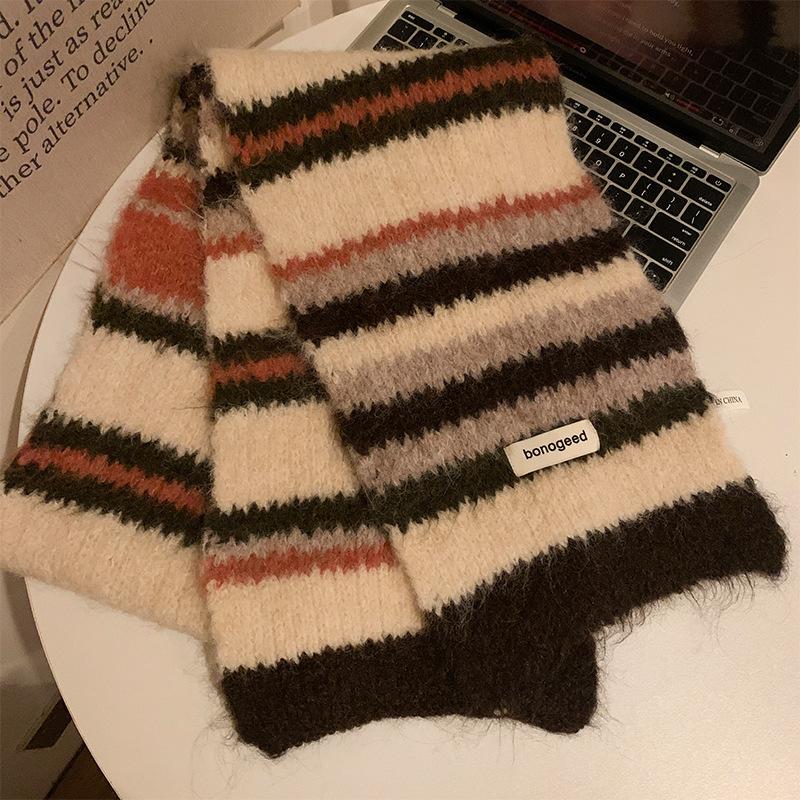 Imitation cashmere soft waxy striped knitted scarf women's autumn and winter Korean atmosphere thickened warm versatile scarf