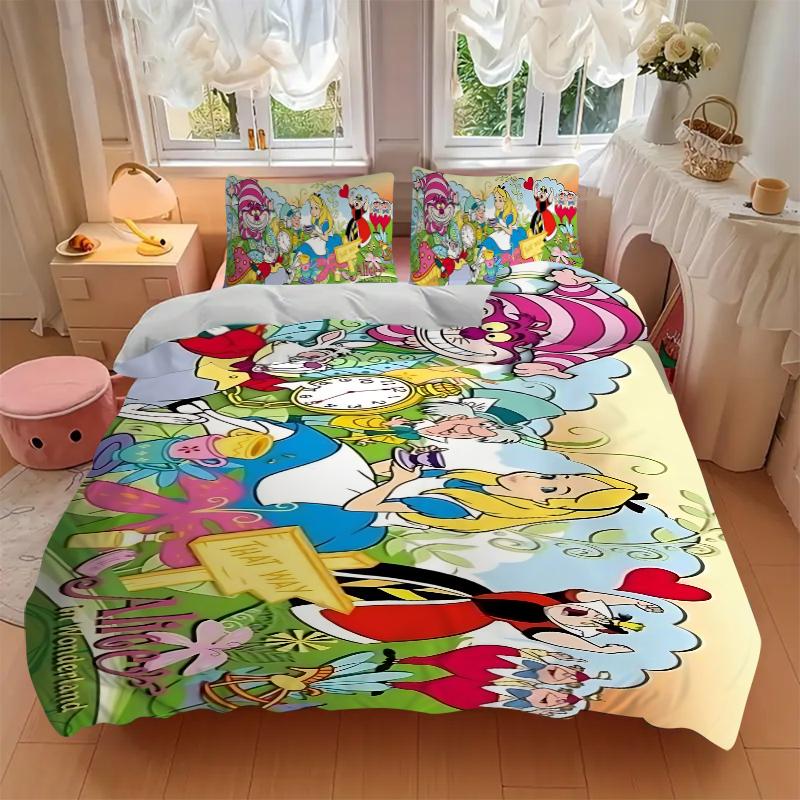 Alice Wonderland Adventure Printed 3pcs Bedding Set Soft Microfiber 1 Duvet Cover And 2 Pillowcases Home Bedroom Decor Xmas Gift K1863
