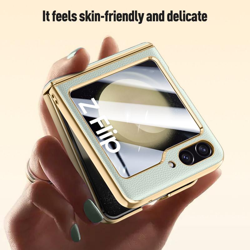 For Samsung Z Flip 5 Plating Leather Hinge Case for Samsung Galaxy Z Flip 5 Flip5 Zflip5 5G Shockproof Glass Film Bag Cases