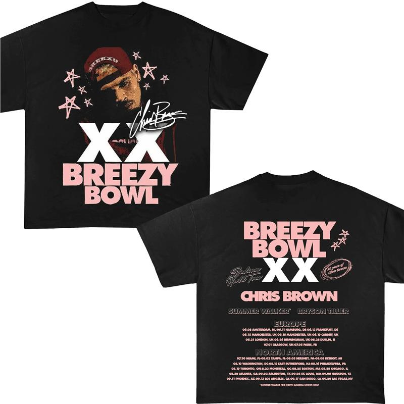 Hip Pop Chris Brown Breezy Bowl XX Concert Tour Cotton TShirt Vintage Short Sleeve Round Neck Print Casual Style for Women Men
