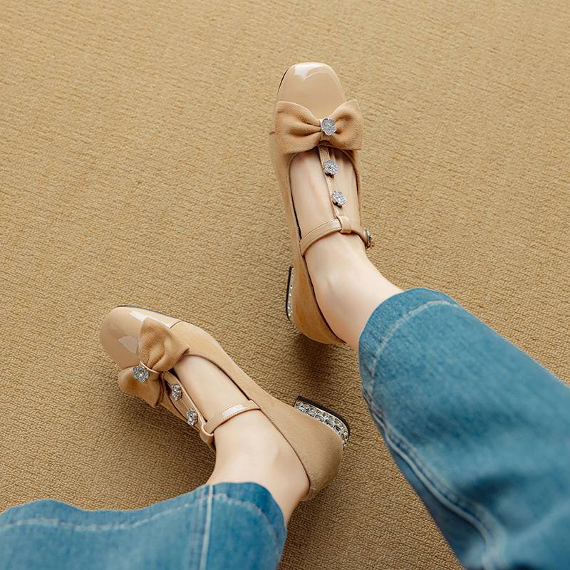 Krazing Pot Sheepskin Summer Size 40 Crystal Low Heels Butterfly-knot Rhinestone Flowers Square Toe Elegant Sweety Pumps