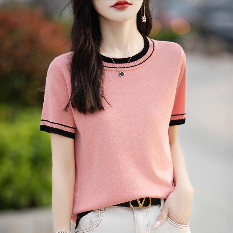 Women's Summer Thin Color Matching Round Neck Short Sleeve Knitted Bottom Top