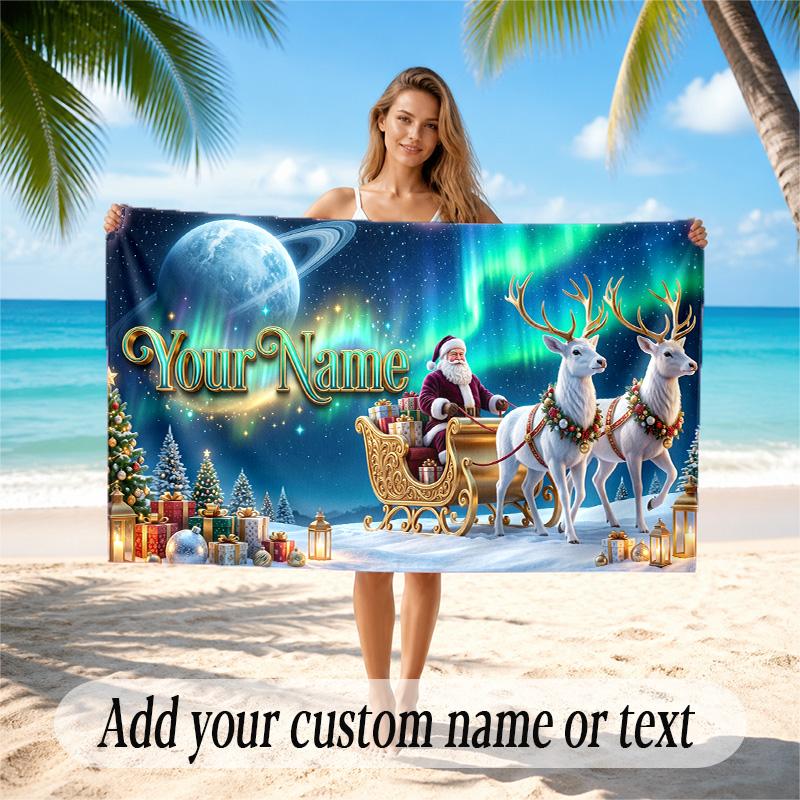 Christmas Theme Quick Dry Beach Towel Custom Name Text Print Large Sand Resistant Towel Beach Vacation