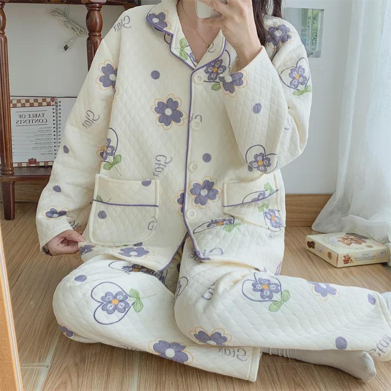 Damen Cartoon Baumwollpyjama Set - Warm und stilvoll für Herbst/Winter