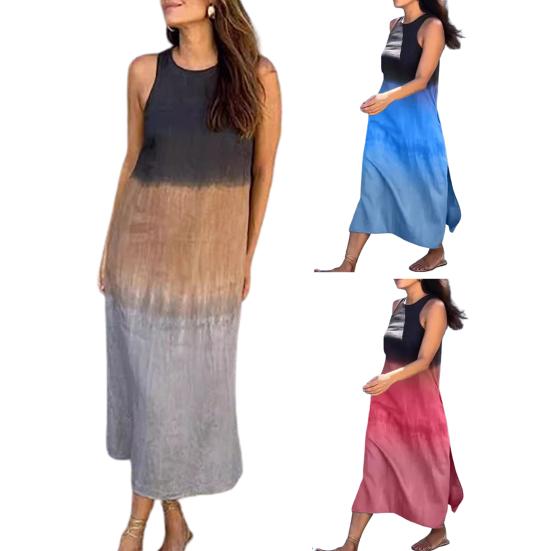 Sommerkleid für Damen, Farbverlauf, Farbblock, ärmellos, O-Ausschnitt, lockere Länge bis zur Mitte der Wade, Dating, Party, Urlaub, Strand, Midikleid