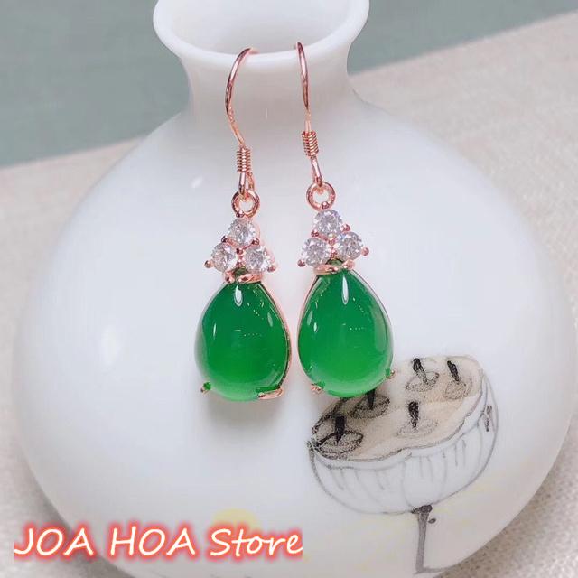 Natural Emerald Pink Green Red White Chalcedony Water Drop Ladies Rose Gold Sterling Silver 925 Jewelry Earrings