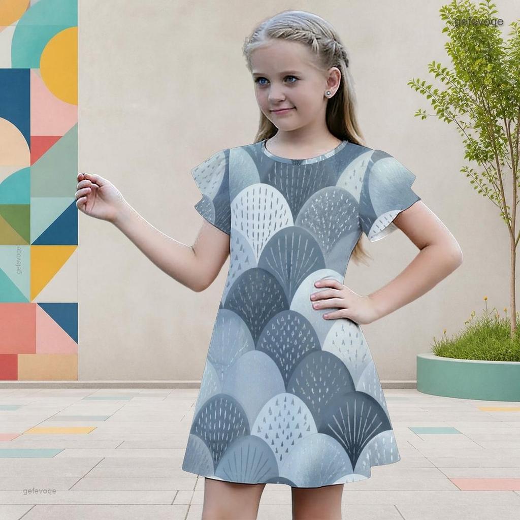 Girls Round Neck Flutter Sleeve A Line Flared Hem Printed Dress