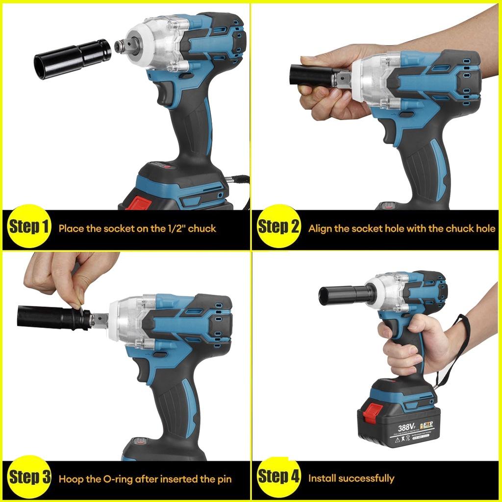 21V 520Nm Torque Rechargeable Cordless Brushless Electric Impact Wrench with 2 Battery Power Tools 1/2" Electric Wrench