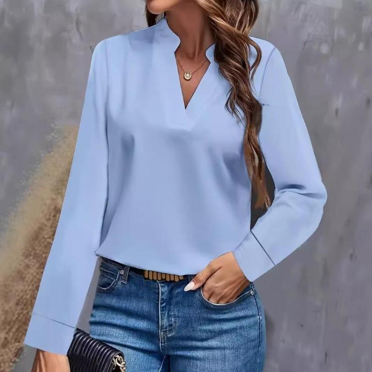 Women Autumn Spring Long Sleeve Blouse Loose Top Solid White V-neck Office Lady Simple