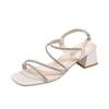 Fashion sandals summer British fashion versatile new square head rhinestone one-word buckle thick high-heeled women's shoes