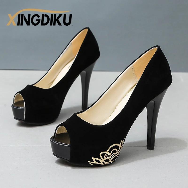 

Сексуальные женские босоножки на высоком каблуке 12 см, непромокаемые туфли на платформе для ночного клуба, туфли на шпильке с рыбьим ротом, свадебные туфли, блестящие замшевые туфли 34 чёрный