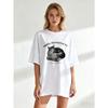 White Oversize Women's Short-Sleeve T-Shirt with "easily Distracted by CATS & BOOKS" Cat Lying On Books Print