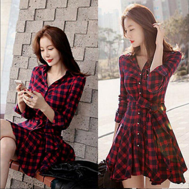 Fashion Womens Lady Long Sleeve Ruffles Office Ladies Casual Plaid Button Down Top Layer Shirt Dress