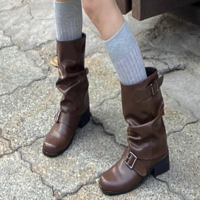 Ladies Shoes on Sale 2024 High Quality Sleeve Women's Boots Spring Autumn Round Toe Solid Middle Tube Chunky Heels Fashion Boots
