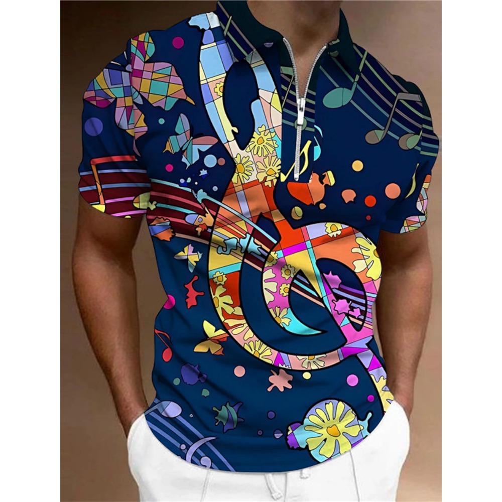 

Мужская футболка-поло на молнии, мужской топ с принтом в виде нот, короткий рукав, легкая одежда с принтом на молнии, повседневная мода 3XL