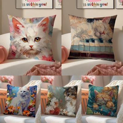 Cute Oil Painting Colorful Cat Art Cushion Cover Pillowcase Short Plush Invisible Zipper Room Sofa Cushion Cover