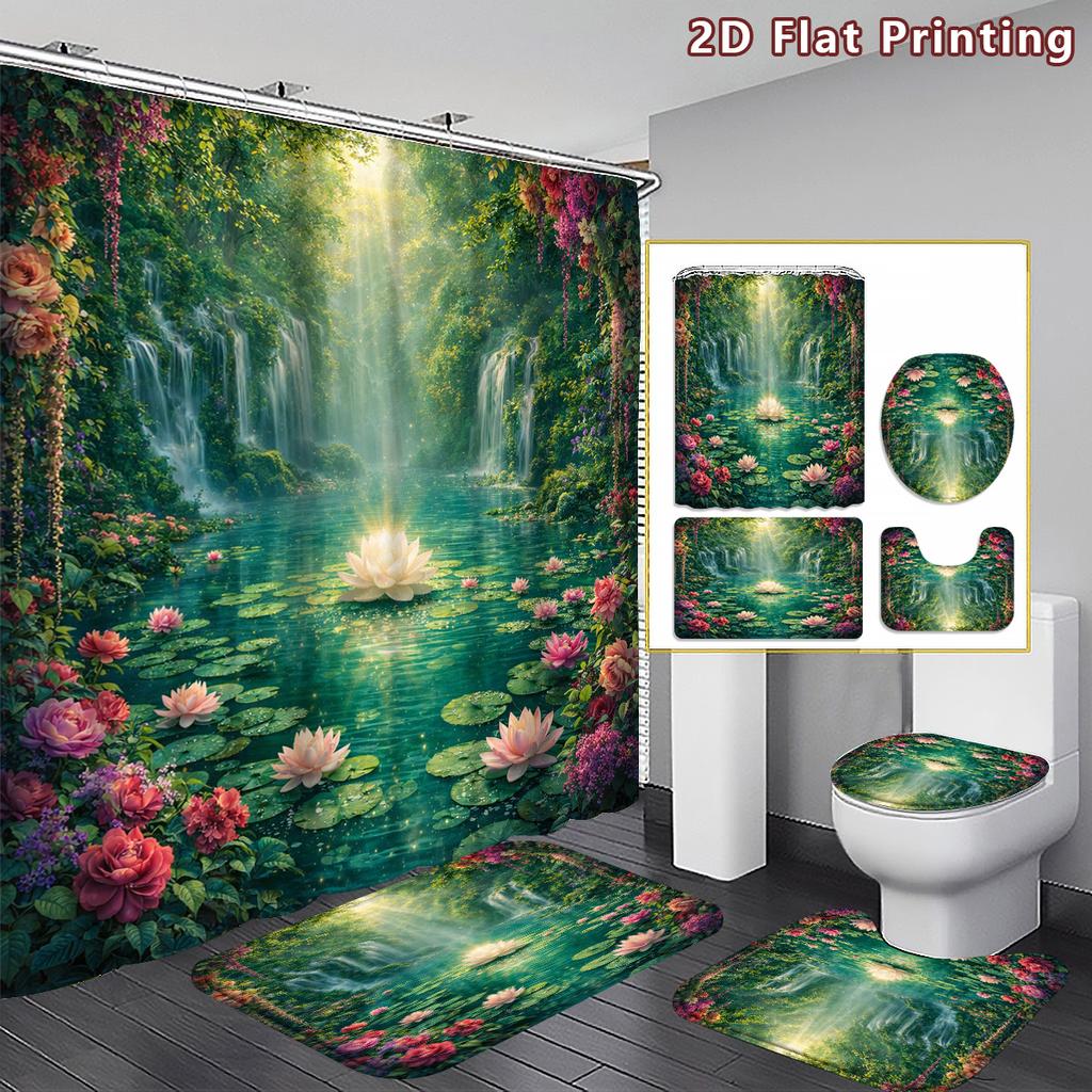 4Pcs 2D Flat Enchanted Waterfall Shower Curtain Set with Non-Slip Bath Mat, Toilet Lid Cover, Contour Rug & 12 Hooks, Bathroom Decor