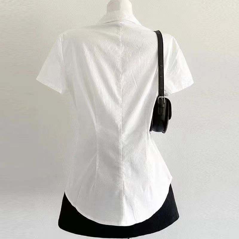 White Waist Cinched Women's Short Sleeved Shirts Korean Style Minimalist Versatile Top American College Style Lady Shirt
