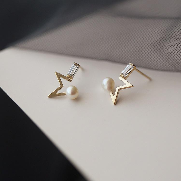 Gold-Plated S925 Sterling Silver Star Stud Earrings with Synthetic Pearl Bead and Zirconia for Women 925 Silver