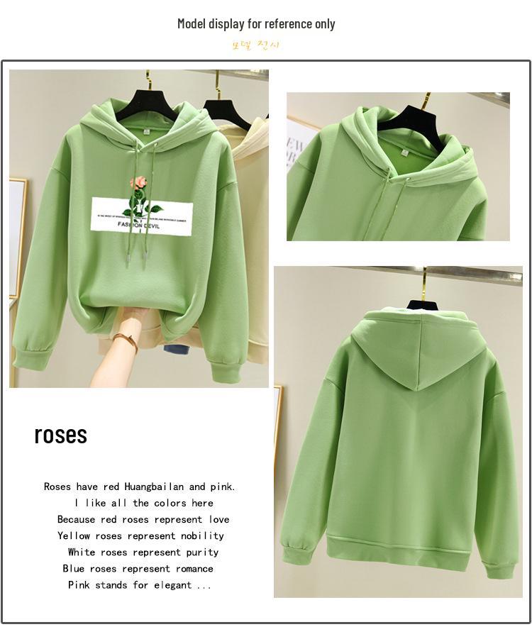 Korean Style Women's Fleece-Lined Hooded Sweatshirt, Plus Size, Loose Fit, Long-Sleeved, for Autumn and Winter.