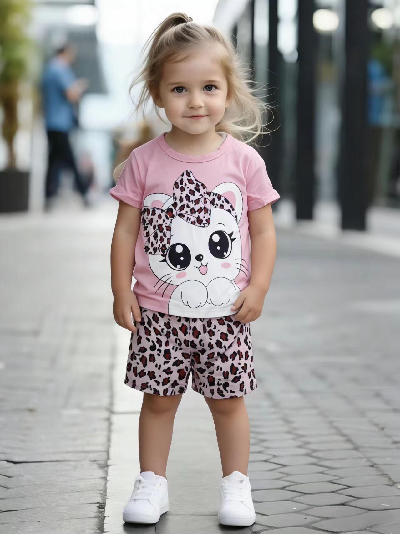 

Toddler Girls Cute Cat & Leopard Print 2-Piece Outfit, Summer Pink Cartoon Clothes for Kids, Perfect for Playwear & Outdoor 1-2Y розовый