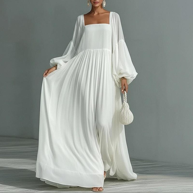 

Women s clothing, new spring models in Europe and America, square neck lantern sleeves, casual style swinging long dress, dress. S белый
