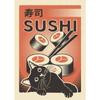 Japanisches Essen Sushi Ramen Sashimi Teriyaki Lustiges Schwarze Katze Poster Niedliches Tier Köstlich Leinwandgemälde Wandkunst Küchendekor