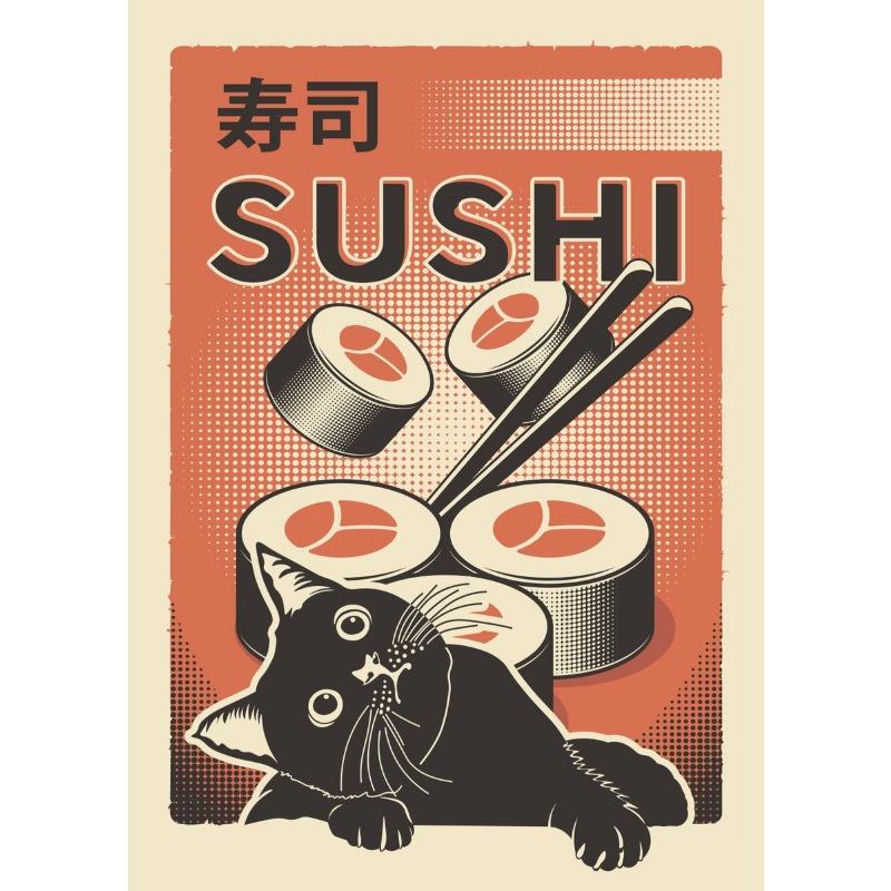 Japanisches Essen Sushi Ramen Sashimi Teriyaki Lustiges Schwarze Katze Poster Niedliches Tier Köstlich Leinwandgemälde Wandkunst Küchendekor