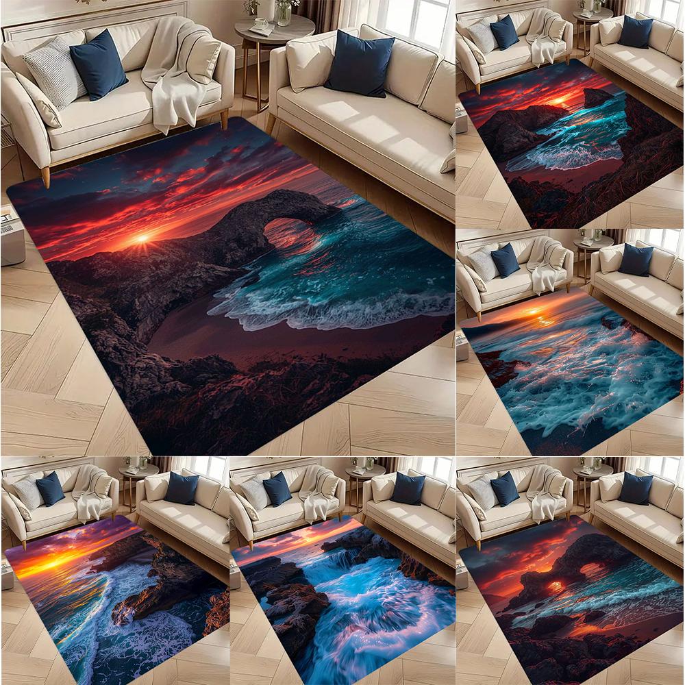 3D Sunset Ocean Beach Cliff Area Rug for Living Room Bedroom Non Slip Floor Mat Modern Home Decor Carpet Gift
