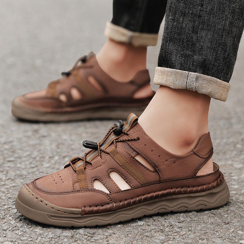 Men Sandals Split Leather Sandals Slides Breathable Rome Male Summer Outdoor Beach Slippers Soft Hot Sale Men Beach Sandals