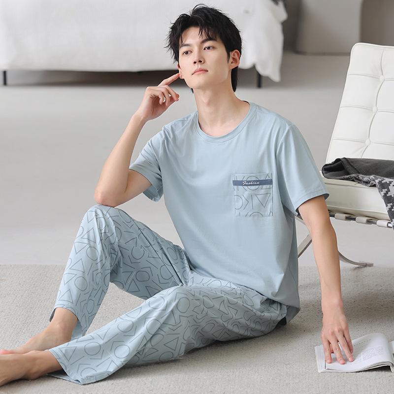 Pajamas Men's Summer Cotton Short Sleeve Trousers Thin Summer Casual Large Size Summer Loungewear Set