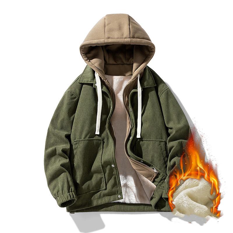 Men's Winter Thickened Warm Jacket Lined with Fleece Zipper Button Hooded Jacket