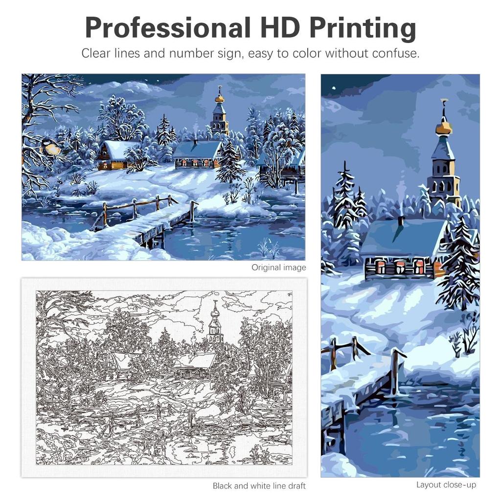 Rahmenmalen nach Zahlen für Starter-Set, Schneehaus, Landschaft, Weihnachtsgeschenk, Acrylfarbe auf Zahlen für Heimdekorationen, 40 x 50 cm