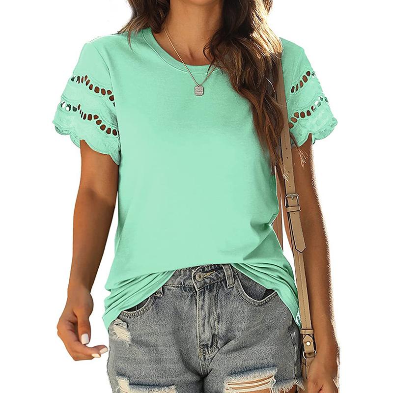 Ladies Summer Lacework Short Sleeve Round Collar Solid Color Pullover T Shirt Top