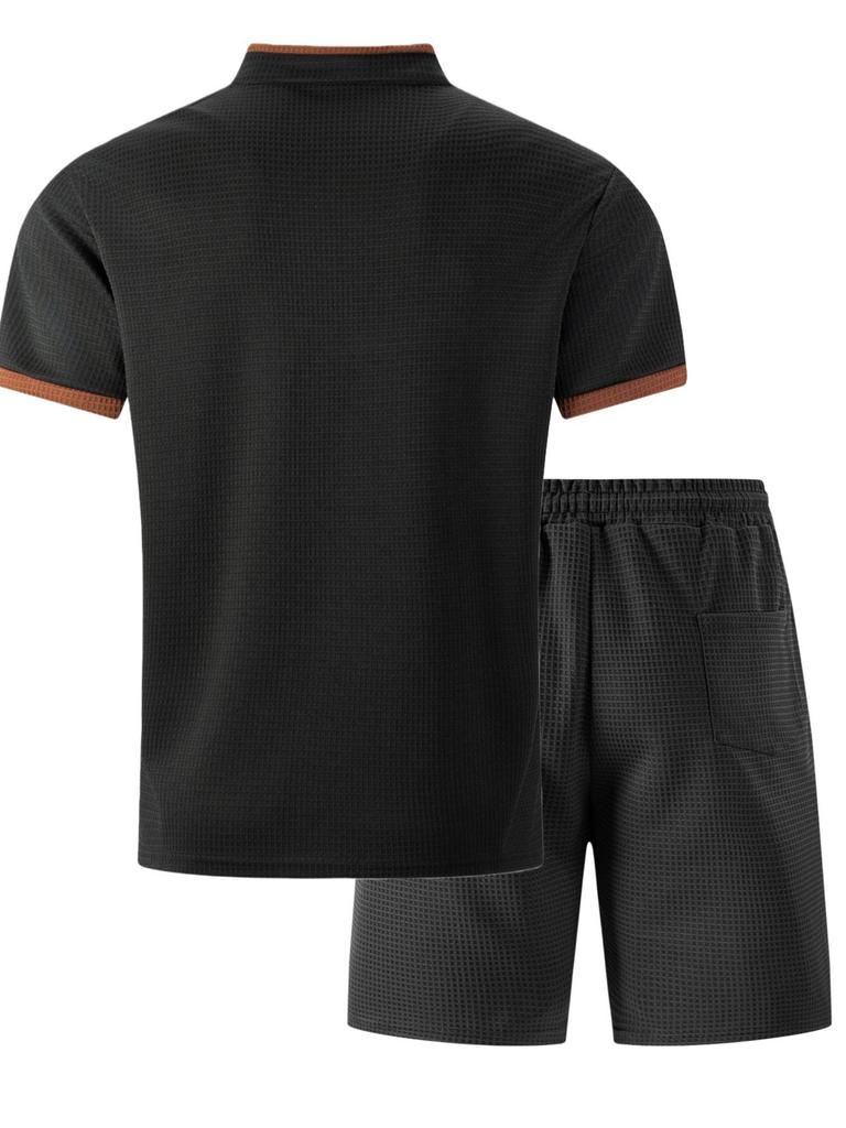 Men's Summer Plaid Pocket V-neck T-shirt & Shorts Casual Two-Piece Set