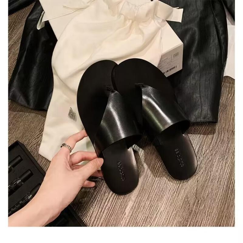 Flip-flops Summer New Round Head Simple Triangular Toe Flat Bottom Slippers Women's Leather Flat Bottom Sandals