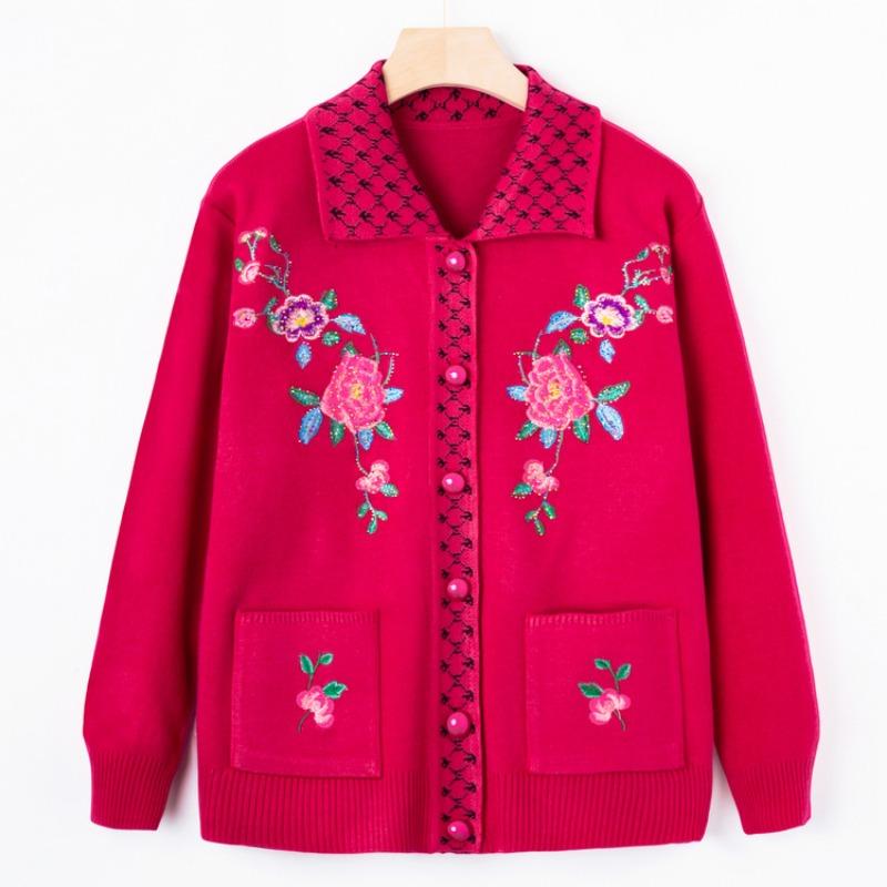 Middle-aged and Old Women's Clothing New Autumn Embroidered Sweater Jacket Grandma Knitted Sweater Lapel Top Mom Cardigan