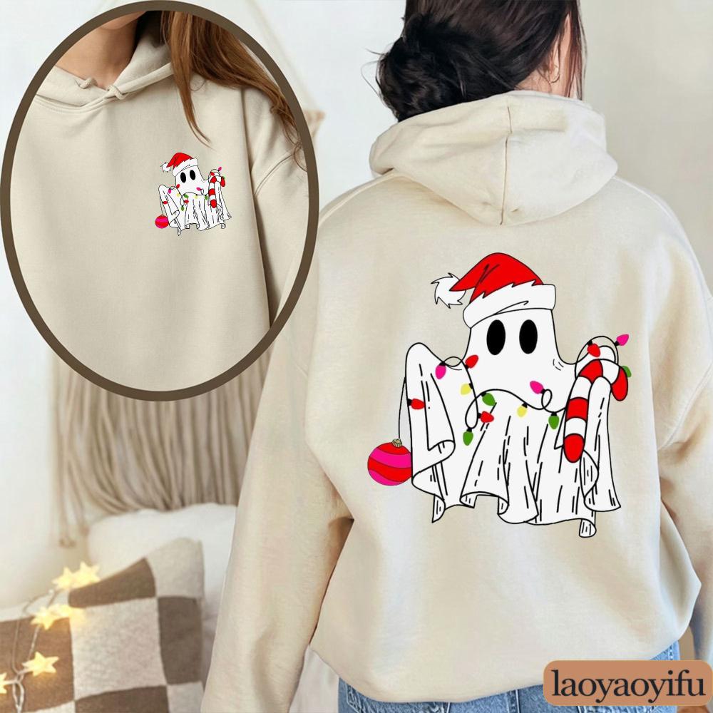 Funny Christmas Ghost Sweatshirt String Lights Candy Cane Graphic Long Sleeves Pullover Spooky Holiday Xmas Tops Women