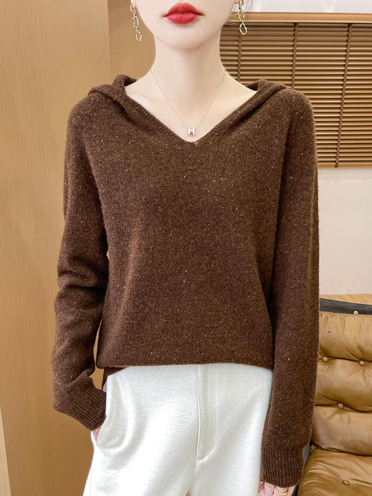 Women's 100% Pure Wool Hooded Knit Sweater - Cashmere, Thick, Loose Fit for Autumn/Winter
