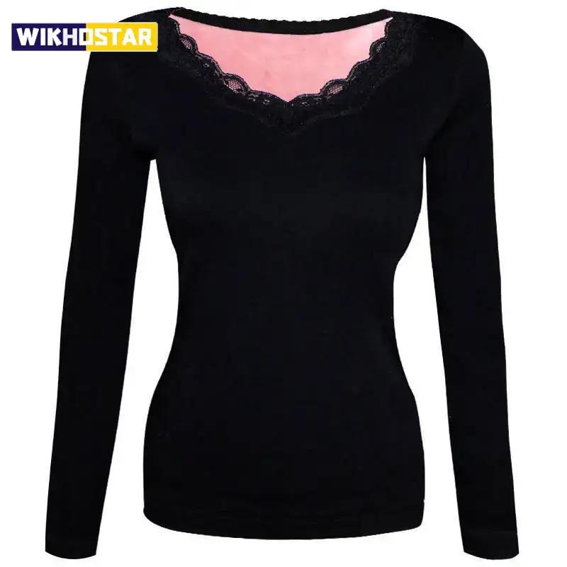 Ladies lace V-neck thermal underwear women thickened plus velvet winter cold-proof body bottoming shirt Long sleeve clothes