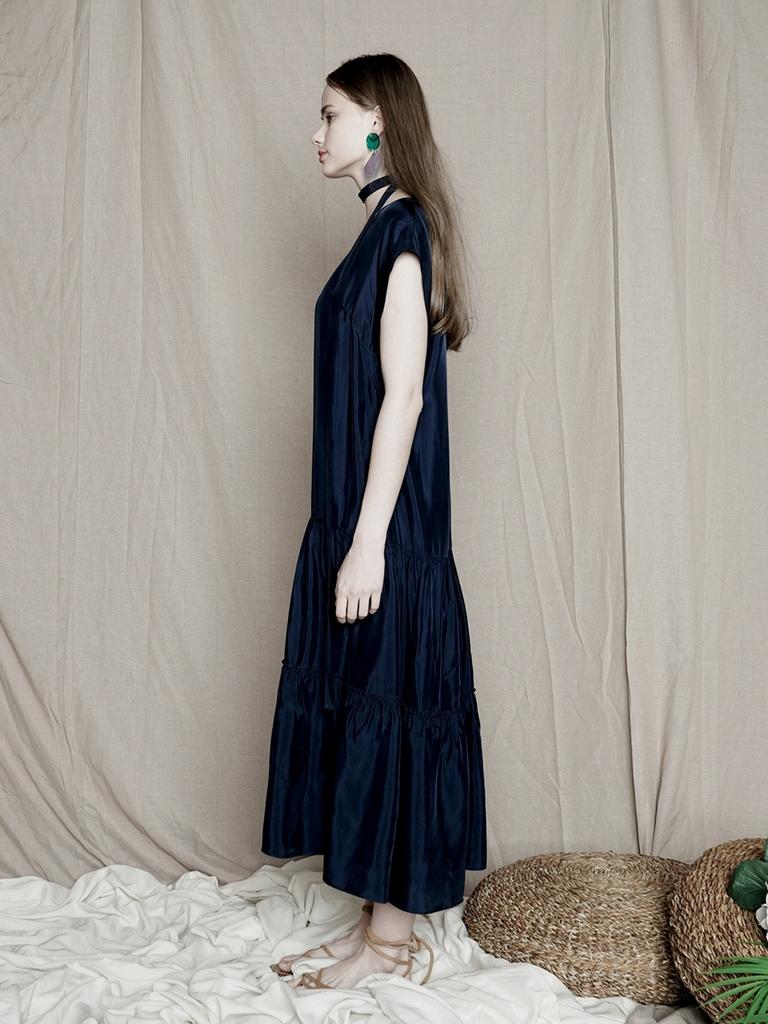 PINBLACK Satin Shirred Dress Navy