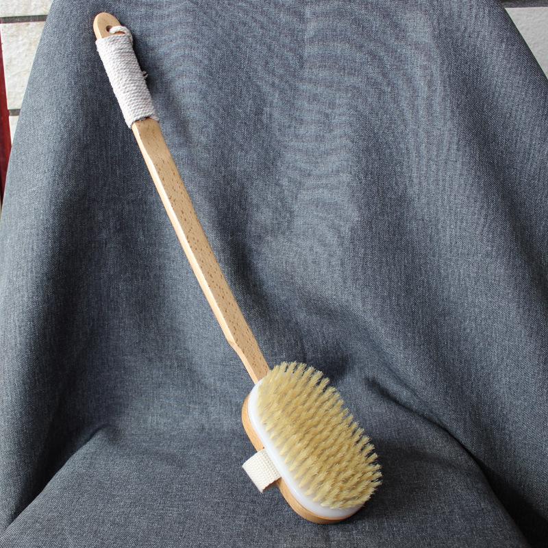 Long-Handled Boar Bristle Bath Brush, Back Scrubber, Detachable Head, Medium Soft/Hard, for Body, Dry Brushing, and Massage.